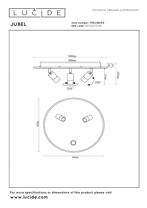Lucide JUBEL - Plafonnier - Ø 48 cm - LED - CCT - 2500K/3000K - Or Mat / Laiton - technique